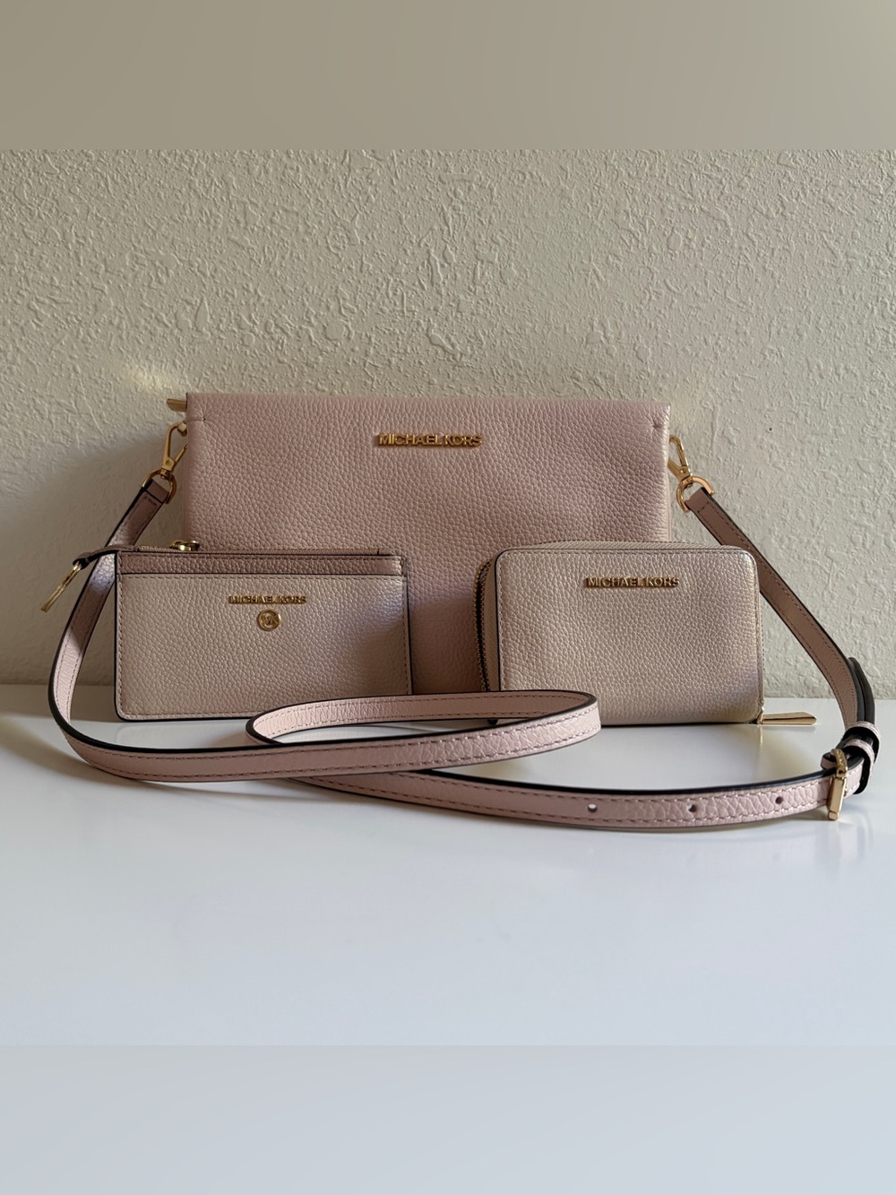 Michael Kors Jet Set Large Pebbled Leather Crossbody, Wallet, and Card Case Set